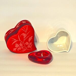 3/10$ - Red & White Hearts Set of 3 Satin Trinket Box Tealight Holder Heart Dish